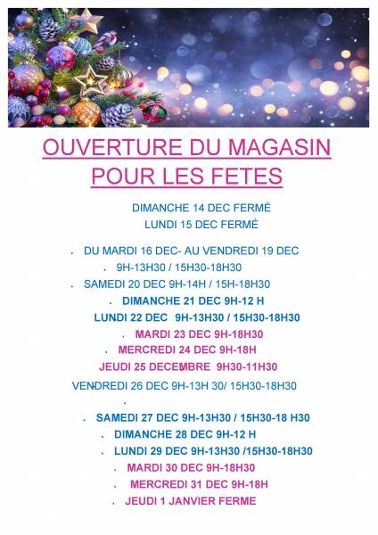HORAIRES DU MAGASIN POUR LES FETES 2025